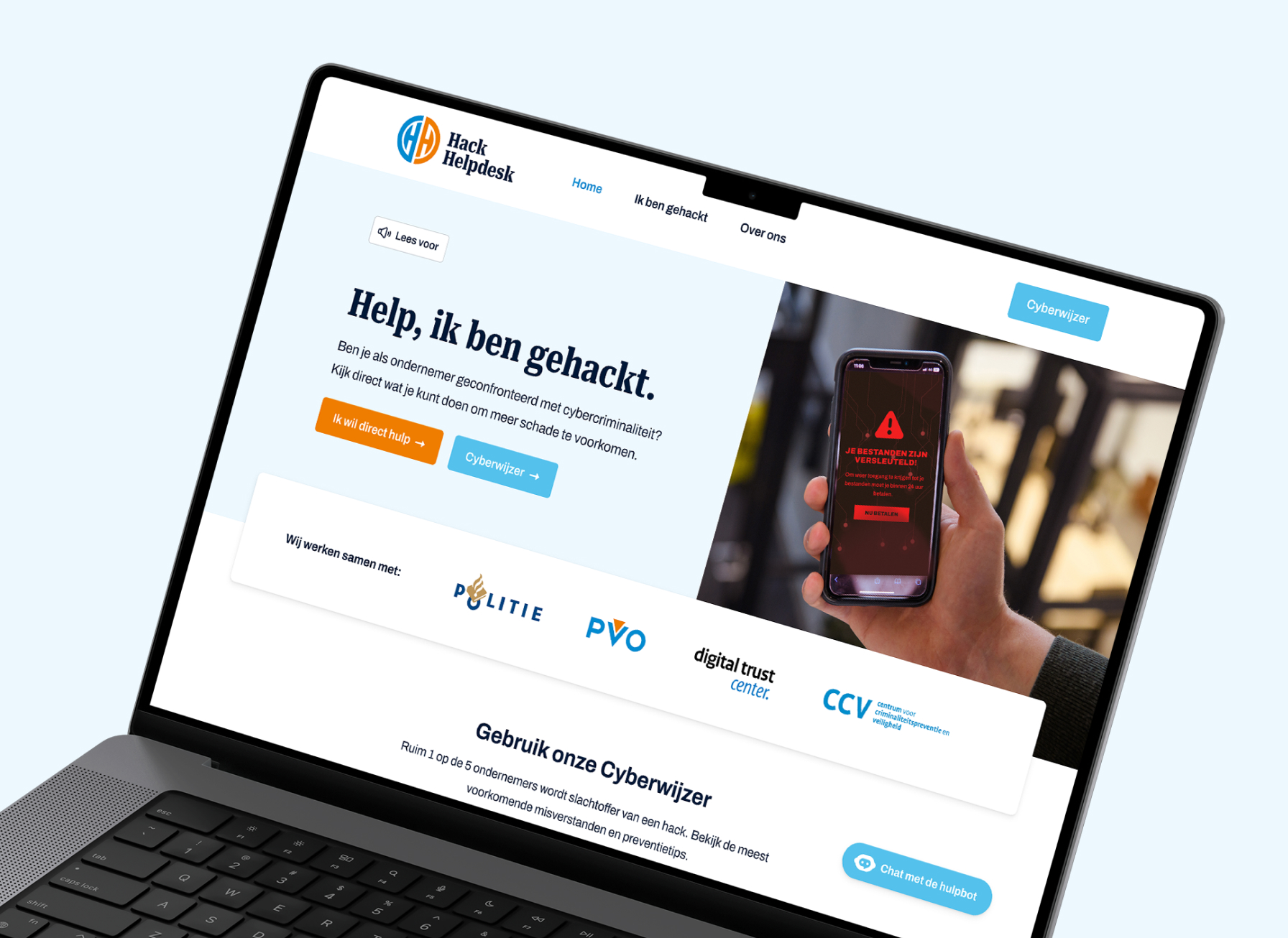 mockup van de homepage van hack helpdesk