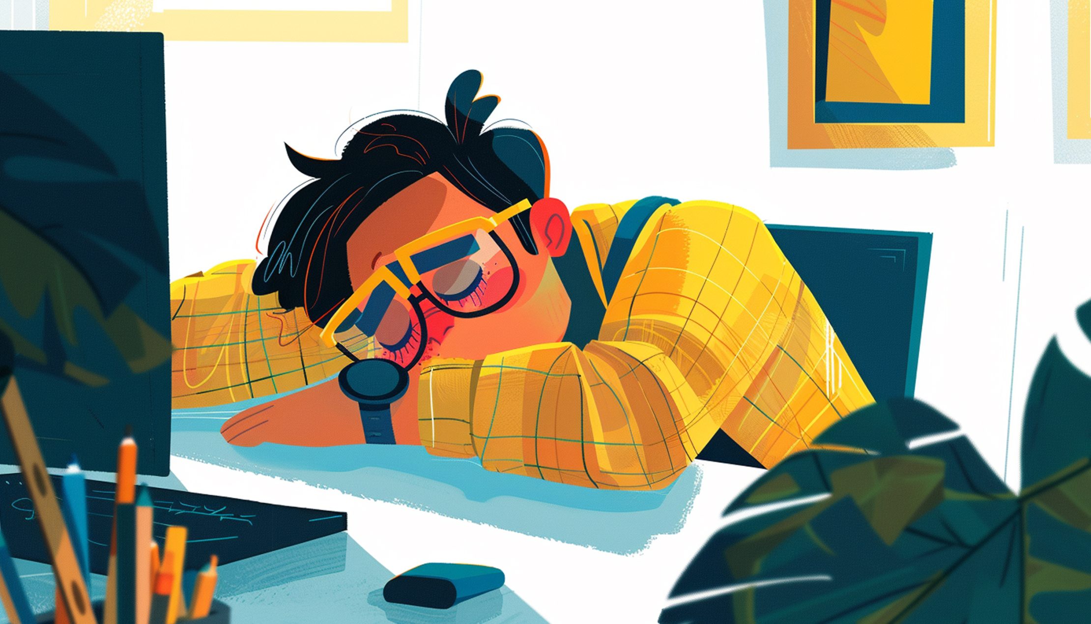 Afbeeldingen van vermoeide man achter zijn bureau