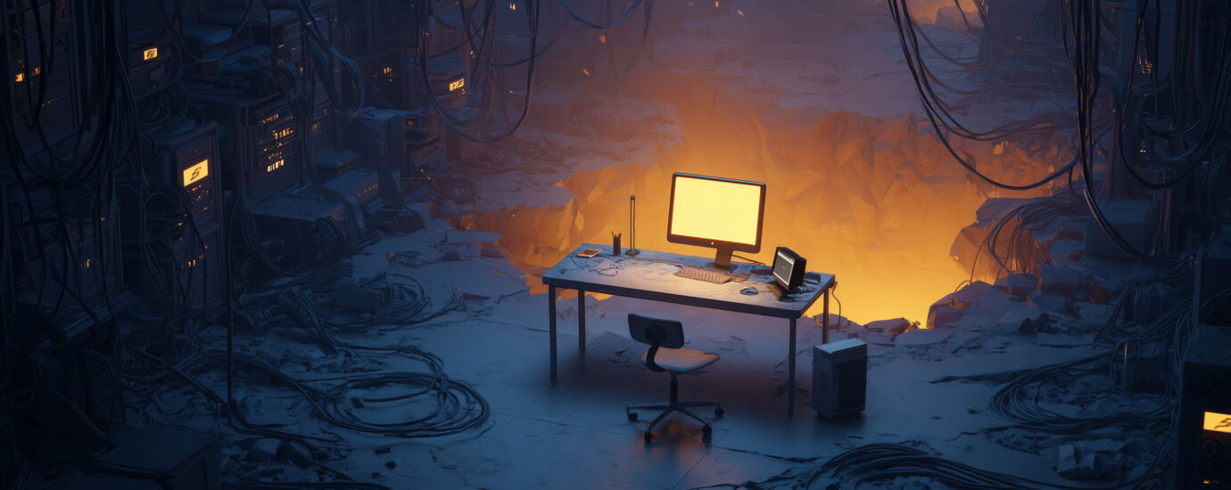 Een bureau met pc en daaromheen een grote hoeveelheid super computers.