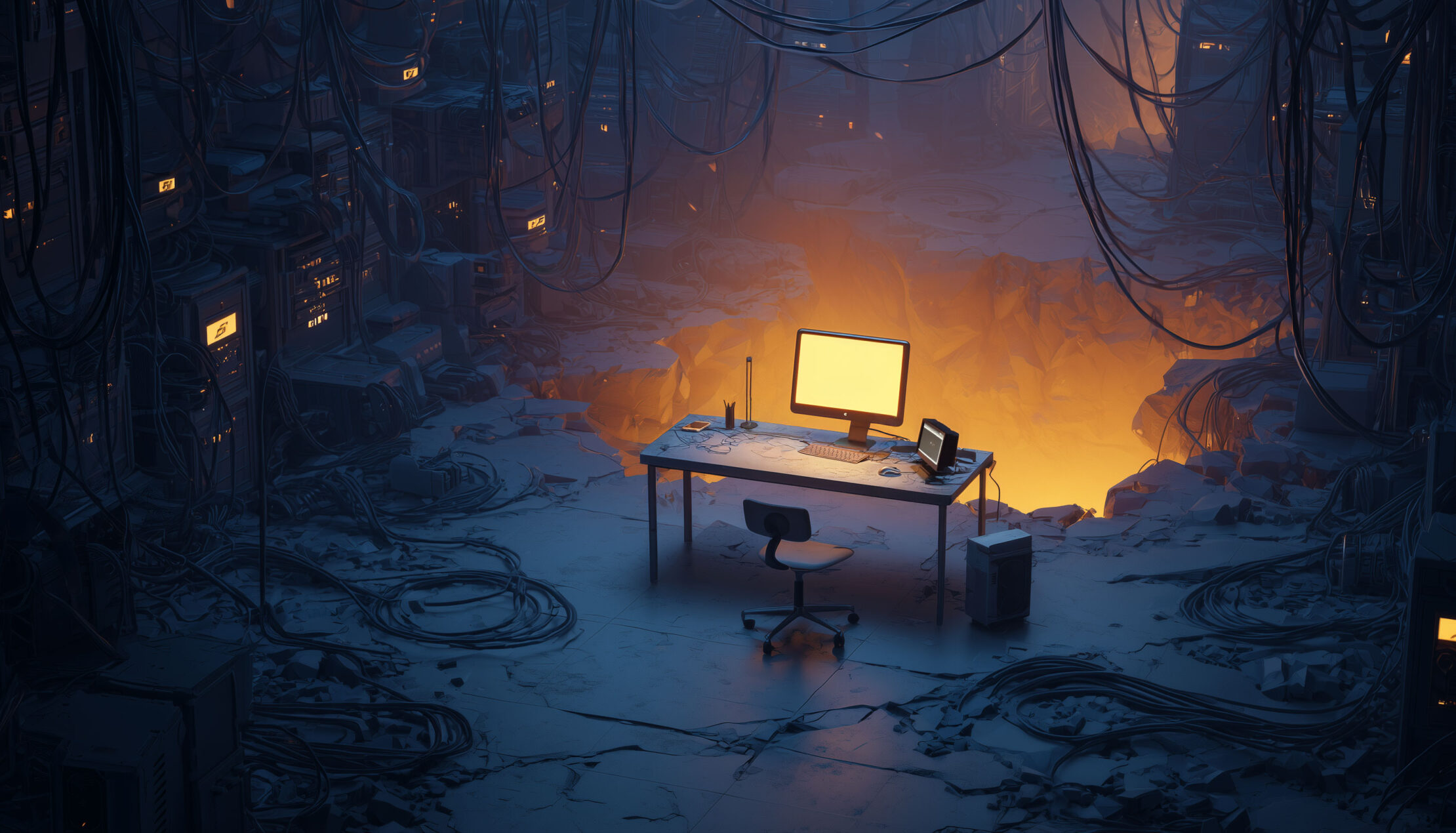 Een bureau met pc en daaromheen een grote hoeveelheid super computers.