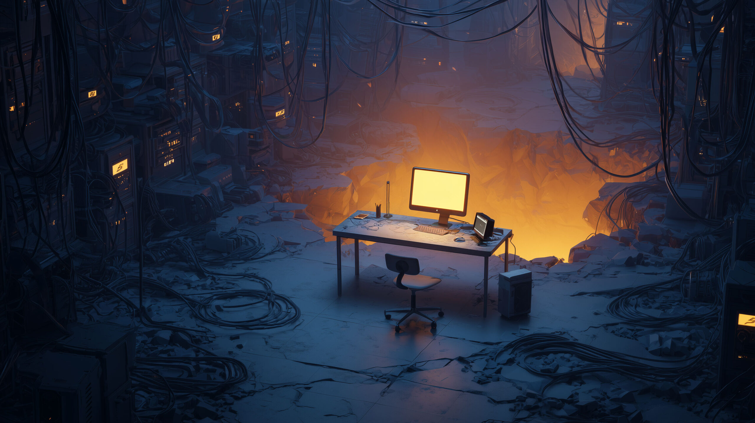 Een bureau met pc en daaromheen een grote hoeveelheid super computers.