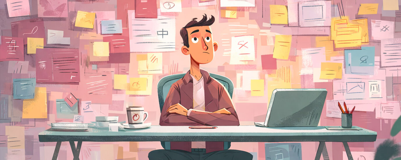 Man achter bureau die nadenkt over wat hij moet gaan maken.