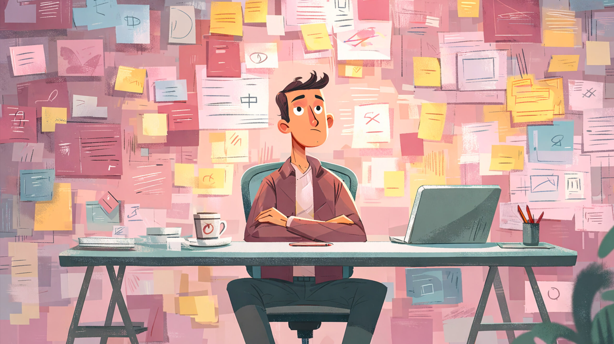 Man achter bureau die nadenkt over wat hij moet gaan maken.