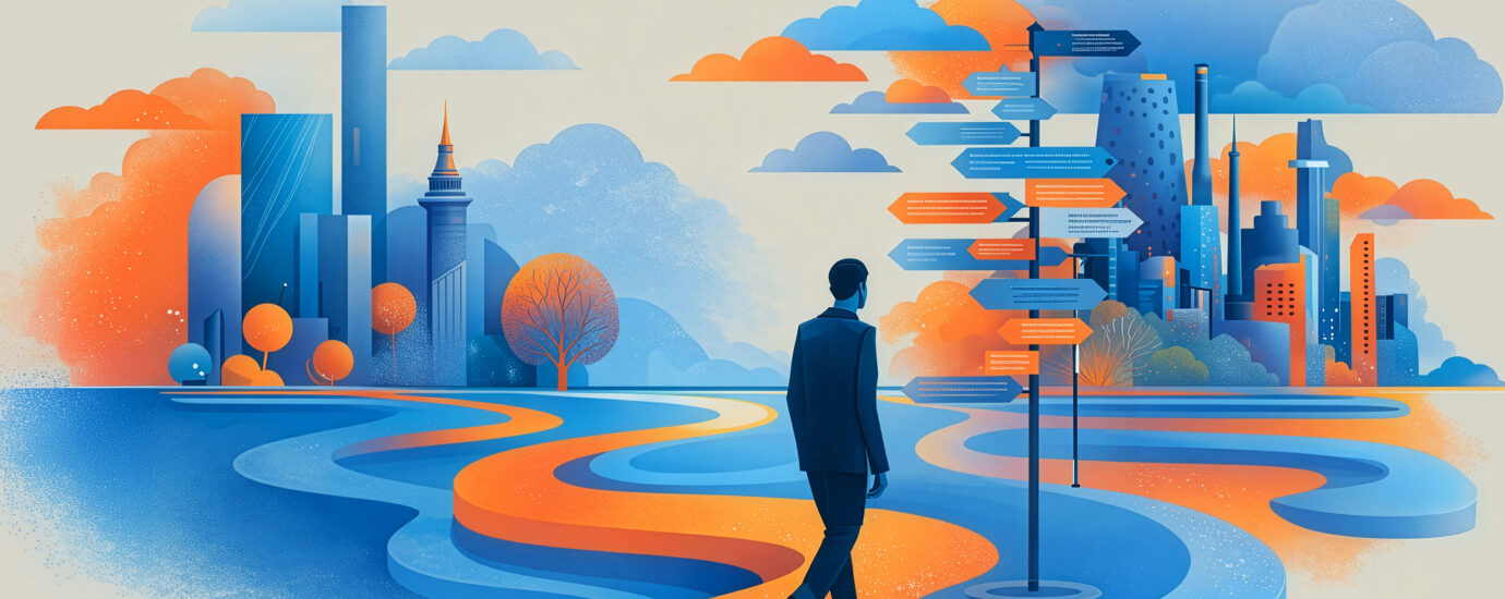 Man loopt op een pad in een digitale wereld waar keuzes moeten worden gemaakt