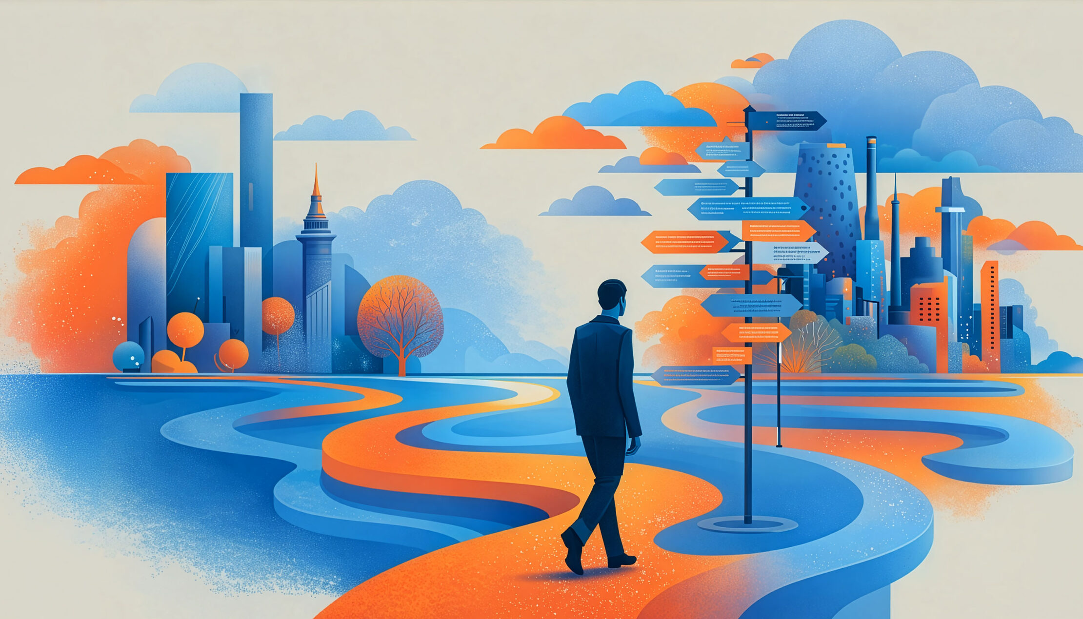 Man loopt op een pad in een digitale wereld waar keuzes moeten worden gemaakt