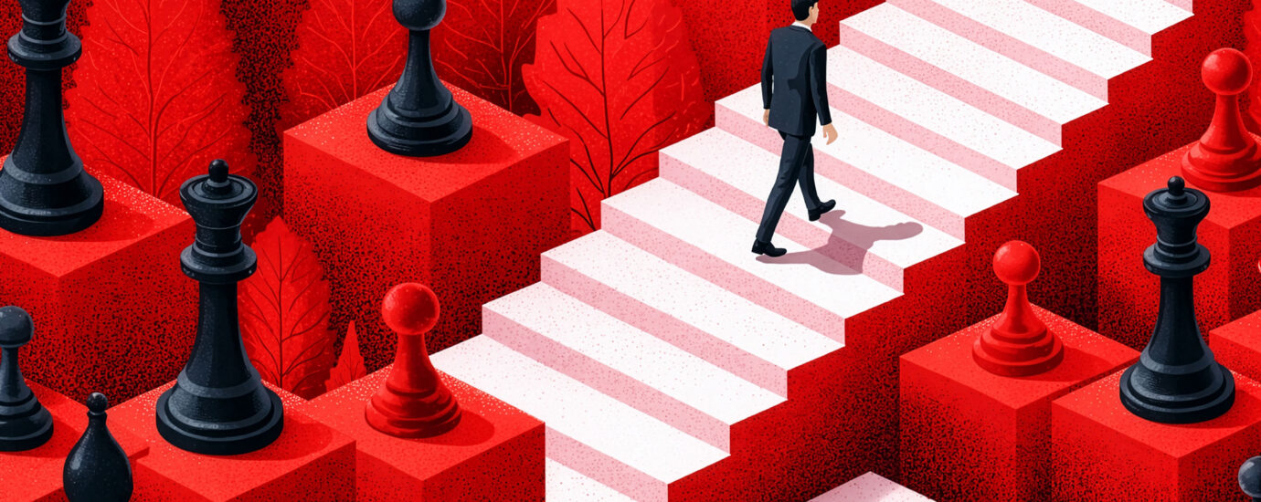 Man die de trap op loopt omringd door schaakstukken