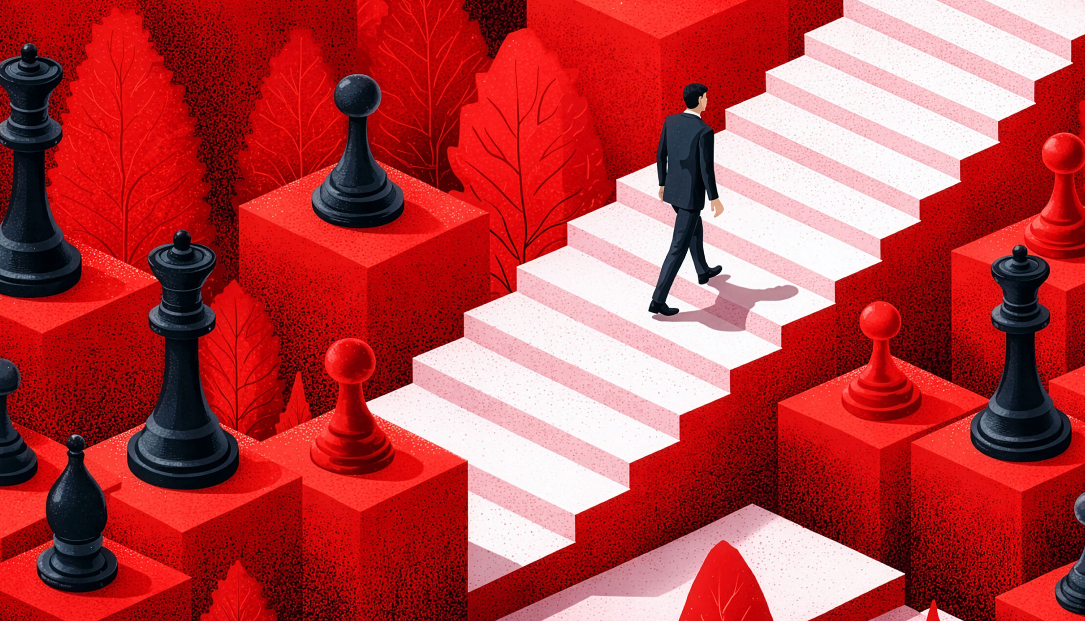 Man die de trap op loopt omringd door schaakstukken