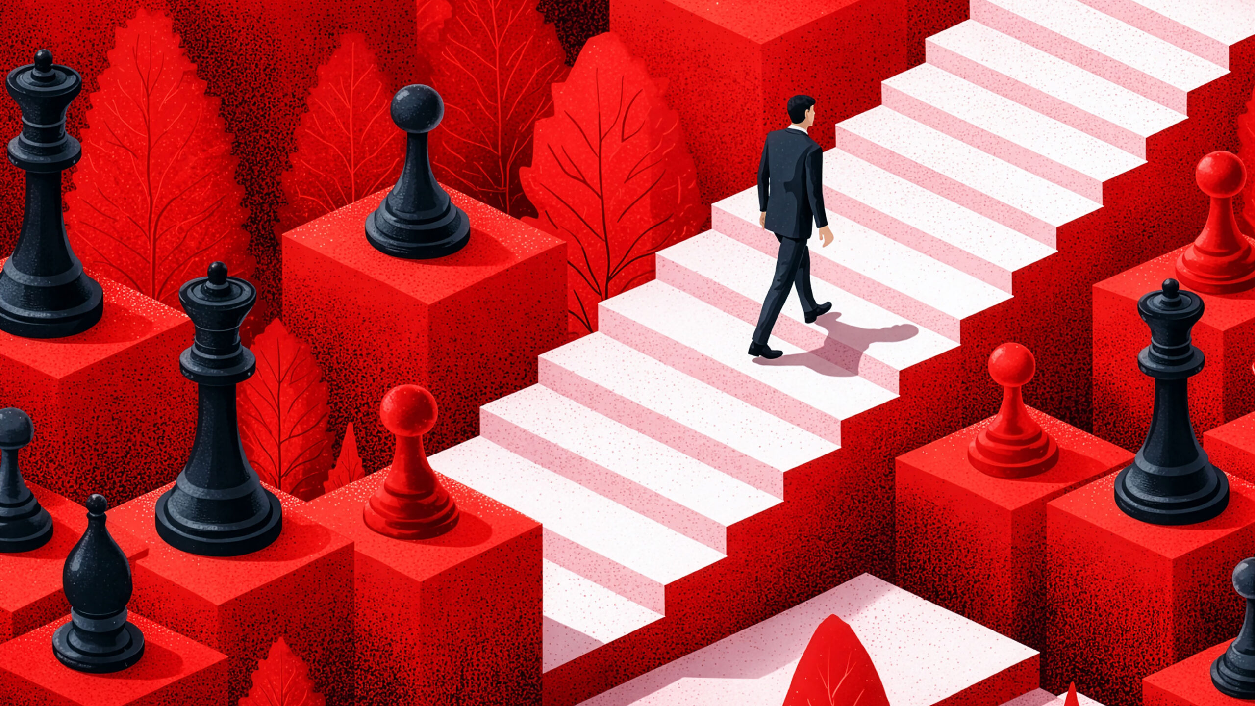 Man die de trap op loopt omringd door schaakstukken