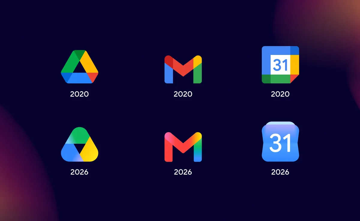 Vergelijking van de oude (2020) en nieuwe (2026) Google Workspace iconen voor Drive, Gmail en Google Agenda