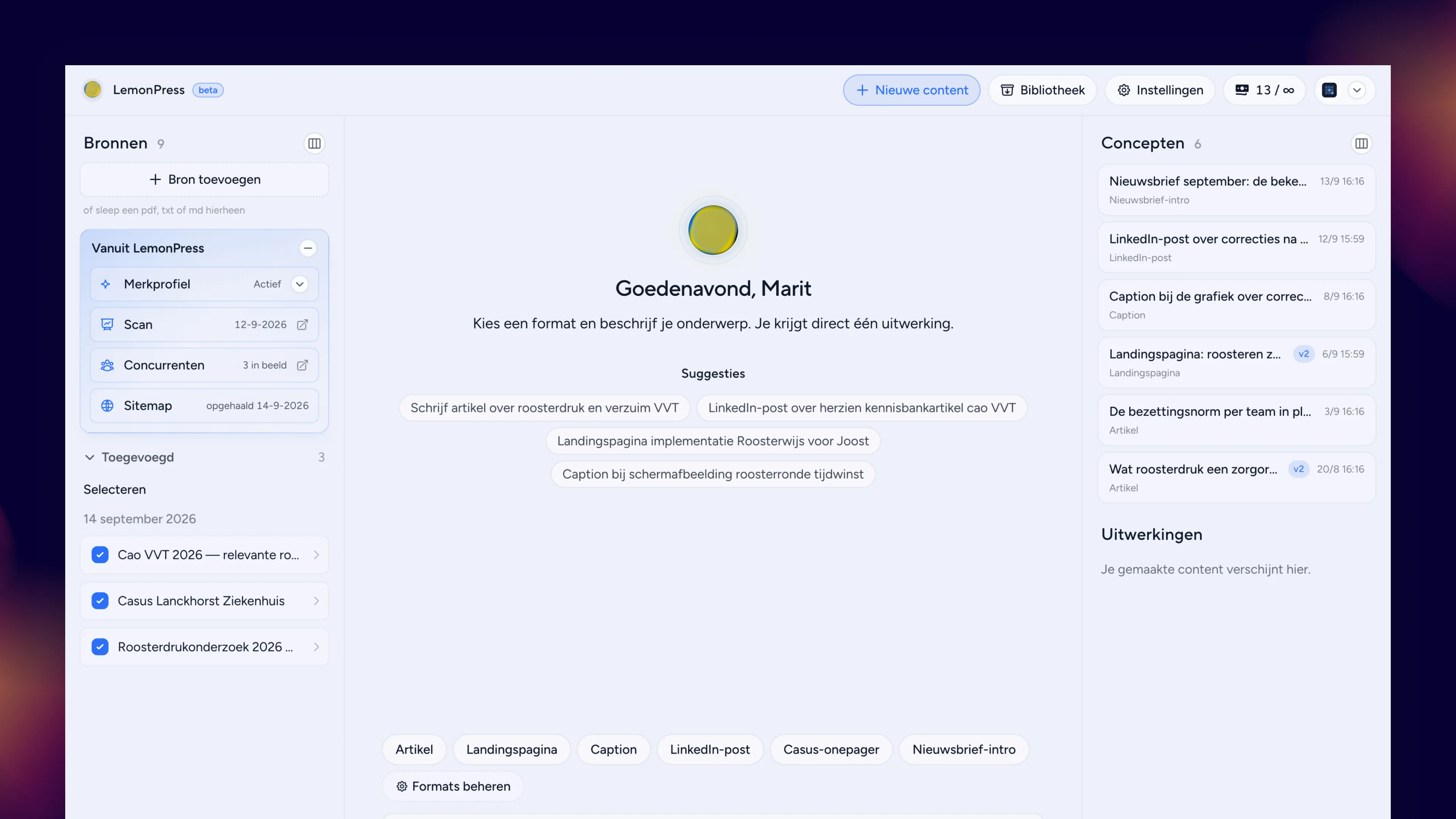 Content Suite van LemonPress met bronnen, merkprofiel en contentformats
